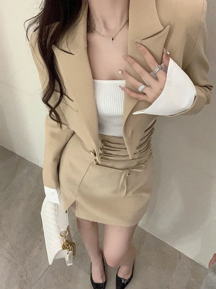 2 Piece Dress Set Women Casual Y2k Crop Tops Elegant Jacket Coats + Mini Skirts Korean Fashion Suits 2024 Spring Blazers Dress