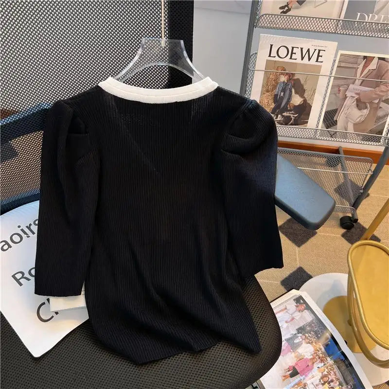 2023 Summer Korean Knitted Sweaters Tops Short Sleeve V neck Vintage Fashion Office Pullover Sweaters Femme Ropa Mujer clothing