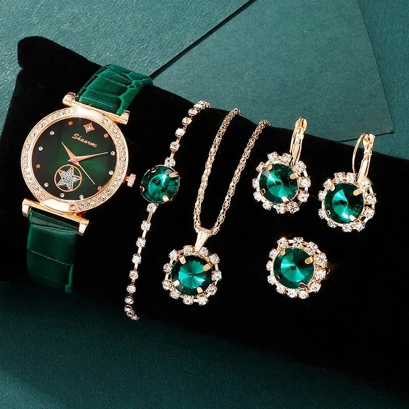 Conjunto de 6 uds. De reloj de cuarzo verde de lujo para mujer, anillo, collar, pendiente, reloj de pulsera de moda con diamantes de imitación, relojes de pulsera informales para mujer