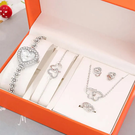 6PCS Set Luxury Women Watch Ring Heart Shaped Hollow Pendant Necklace Earring Rhinestone Fashion Wristwatch Casual Ladies Watche