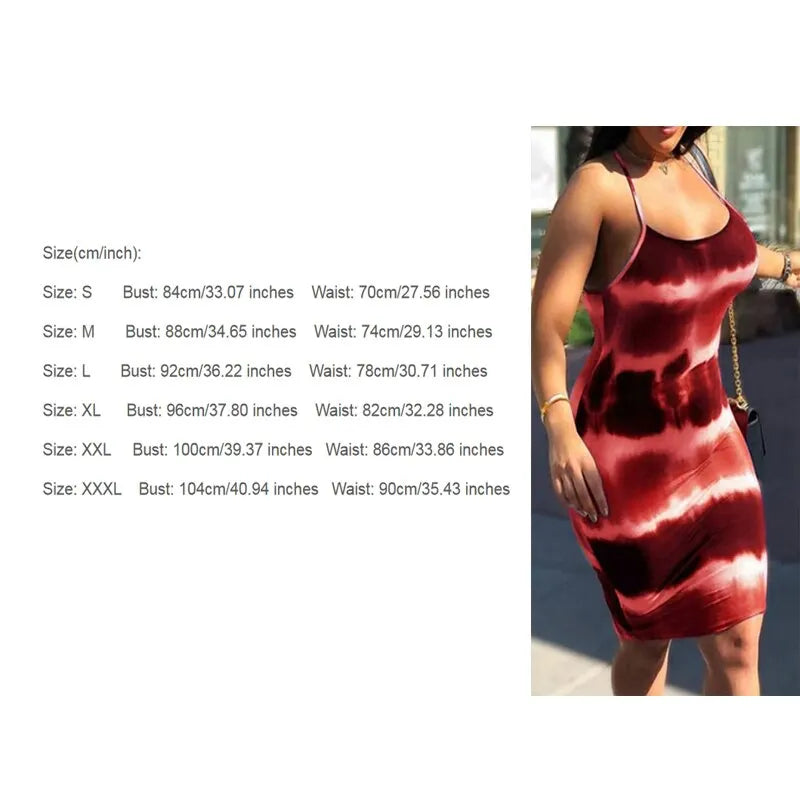 Womans Sexy Fashionable Tiedye Sling Onepiece Dress Sleeveless Elastic Slim Package Hip Short Skirt Daily Life