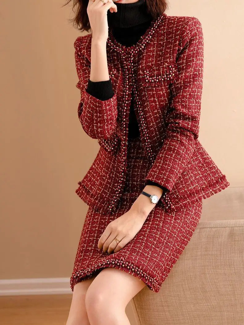 Women Tweed Elegant Red Suit Beaded Jackert Coat Skirt Two Piece Set Matching Outfit Winter Office Work High Quality Clothing