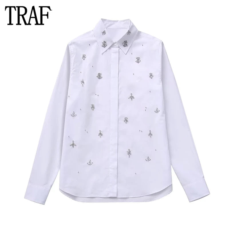 TRAF 2023 White Shirt Women Rhinestone Button up Shirts for Women Long Sleeve Shirts and Blouses Woman Asymmetric Blouse Female