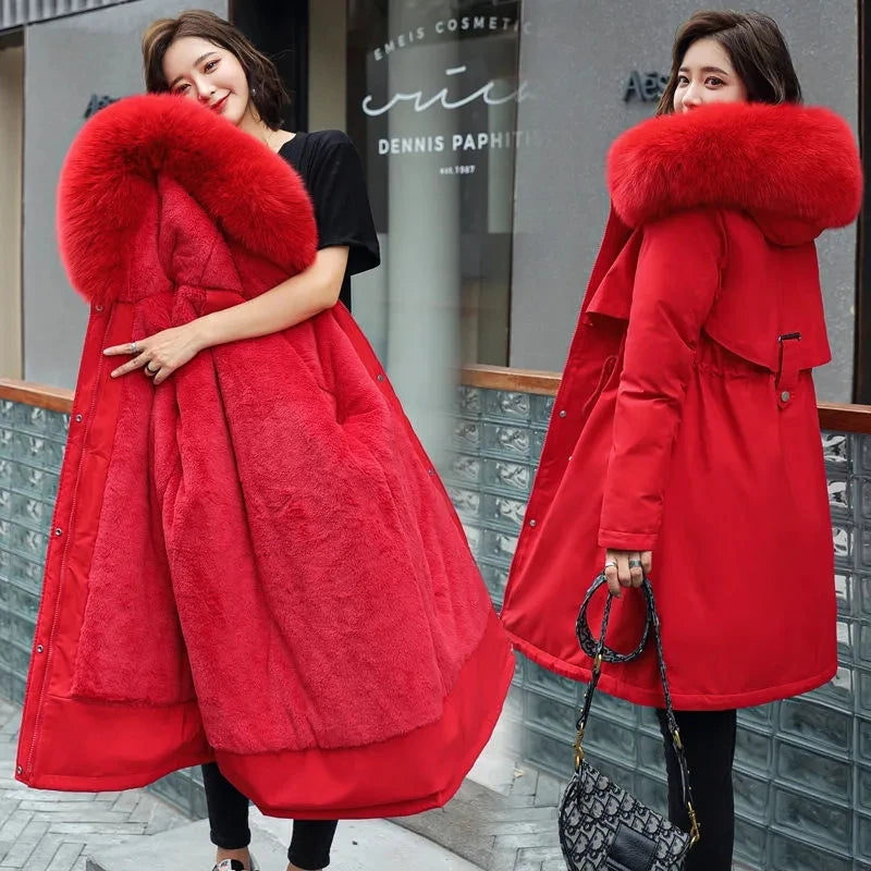 2023 New Winter Thick Warm Down Padded Coat Women's Plus Velet Cotton Coat Winter Hooded Loose Parkas Coat Fur Lining Mujer Coat