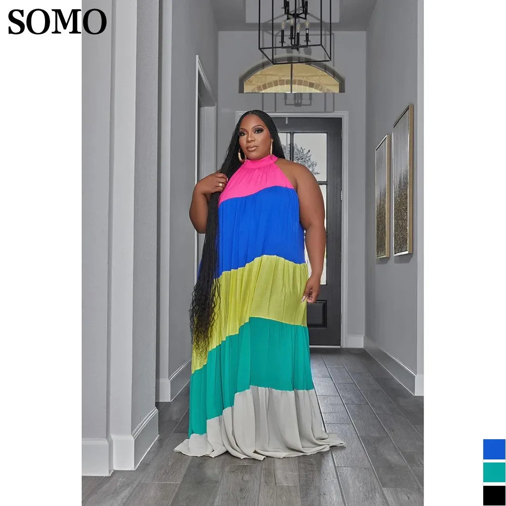 SOMO moda de verano contraste de Color vestidos de talla grande fiesta Clubwear sin mangas plisado Maxi vestido largo venta al por mayor Dropshipping