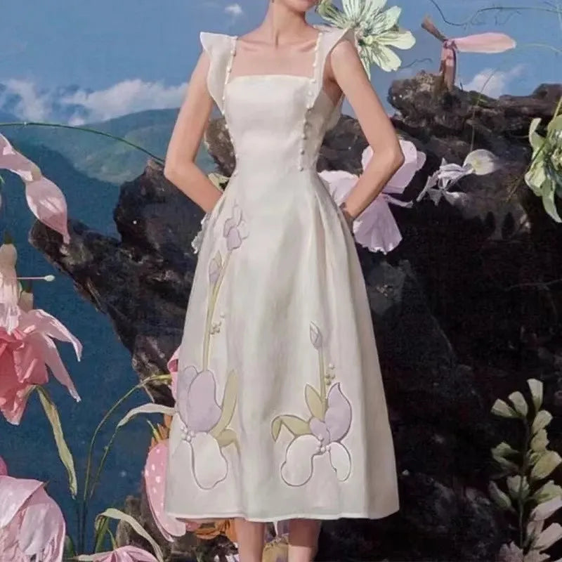 Robe mi-longue à fleurs, dos nu, élégante, col carré, volants, sans manches, boutons, déco, Slim, tenue de soirée, été, 2024