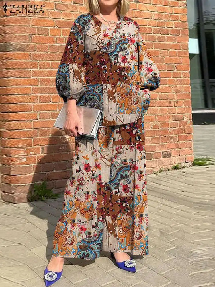 Women Holiday Matching Sets ZANZEA Bohemian Printed 2pcs Suits 2023 Casual 3/4 Sleeve Tops Tracksuit Autumn Wide Leg Pant Sets