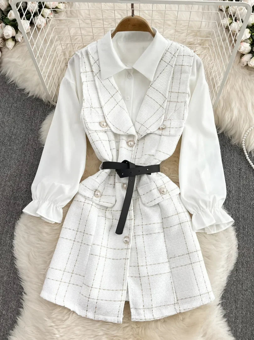 Ensemble deux pièces pour femmes, mode coréenne, col noué, chemisier blanc et bretelles Spaghetti, simple boutonnage, Mini robe en Tweed, 2023