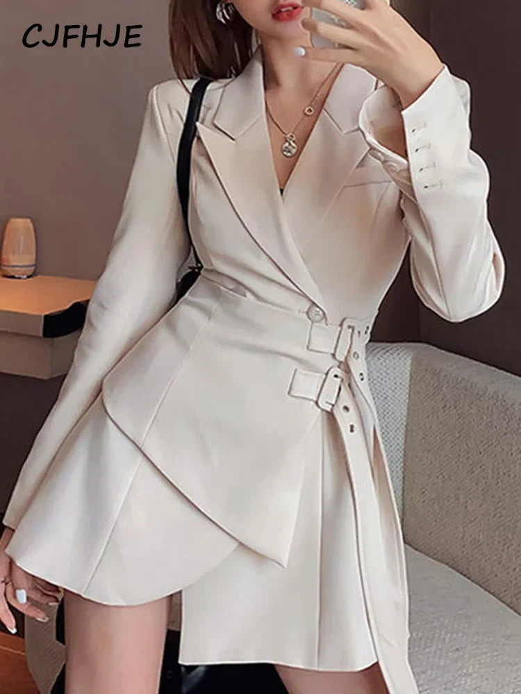 CJFHJE Mini robe Blazer de soirée pour femmes, une pièce coréenne, robe élégante pour bureau, Chic, ceintures, vêtements à manches longues, hiver