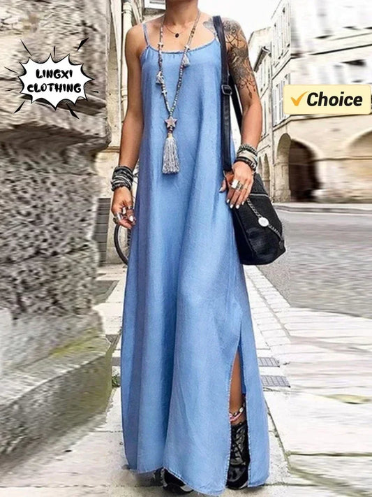 2024 Summer New Women's Elegant Dress Loose Strap Sexy Solid Split Plus Size Denim Dress Long Dress Plus Size Women Clothing