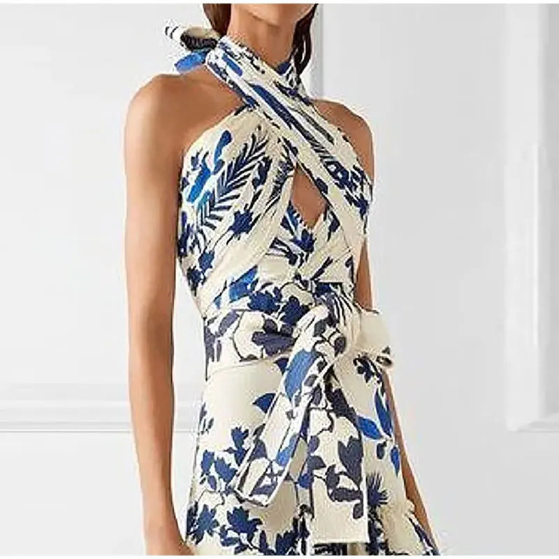 Elegant Women's Printed Vestidos Sleeveless Neck-mounted Female Formal Wear Aesthetic Layered Ruffled Hem Evening Party Dresses