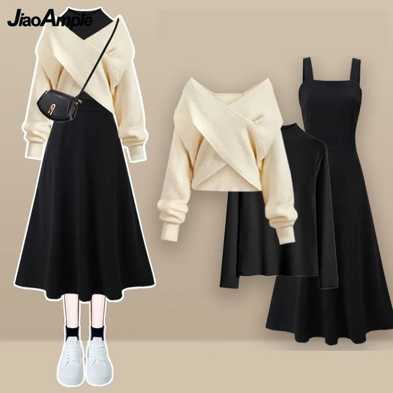 2023 Autumn/Winter New Korean Elegant Matching Set Women's Fashion Cross Knit Sweater+Bottom Shirt+Strap Dress Three Piece Suit