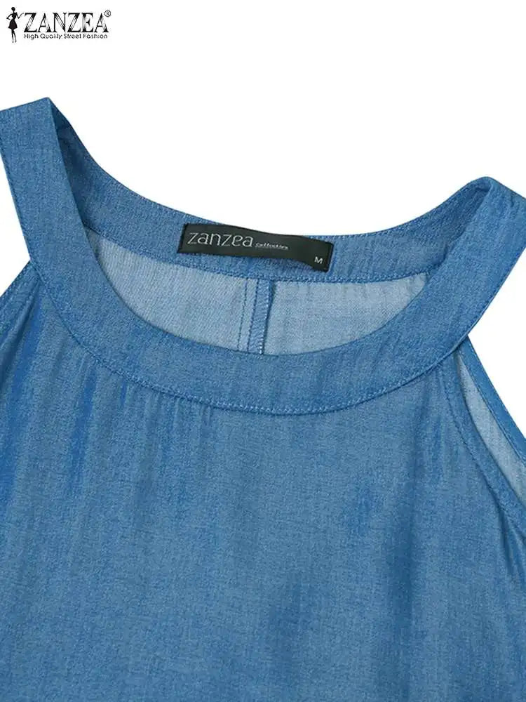 ZANZEA – Robe longue en Denim, grande taille, mode femmes, Sexy, col licou, balançoire, sans manches, décontractée, ample, Maxi, 2023