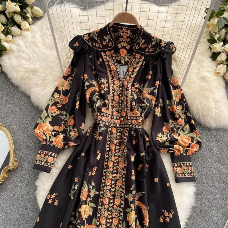 2022 New Dress Autumn Vintage Chiffon Single Breasted Lady Full Dress A Line V Neck Puff Sleeve Mid-Calf Women Dresses Vestido