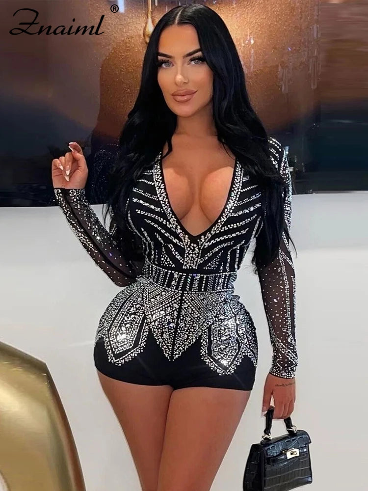 Znaiml Luxury Sequin Rhinestone Rompers Women's Long Sleeve Black Short Jumpsuit One Piece Overalls Night Club Birthday Outifts