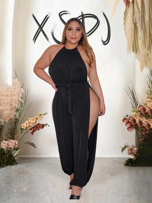 Elegant Woman Jumpsuit Long Halter Hollow Out Jumpsuit Mesh Summer Sexy Black One Piece Jumpsuit Plus Size Free Shipping