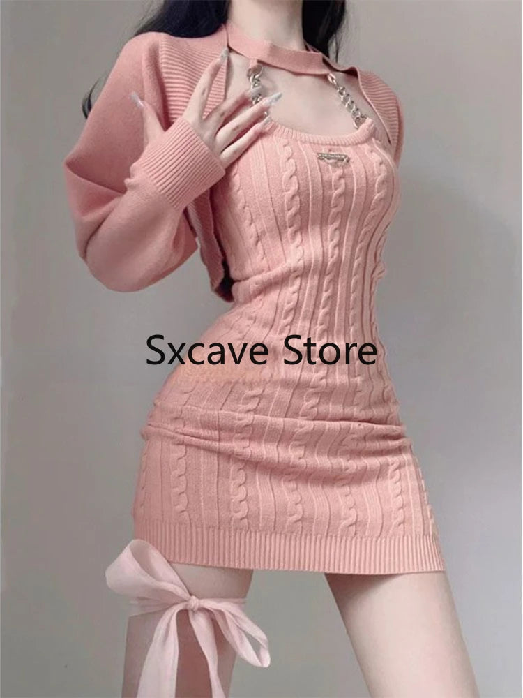 2023 Autumn Pink Knitted Suits Office Lady Casual Y2k Crop Tops + Mini Dress Korea Fashion Clothing Even Party 2 Piece Dress Set