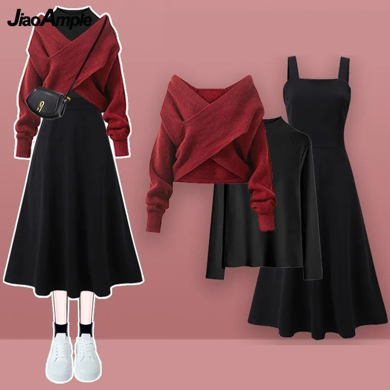 Conjunto a juego coreano elegante para mujer, suéter de punto cruzado a la moda, camisa inferior y vestido de tirantes, traje de tres piezas, otoño/invierno 2023