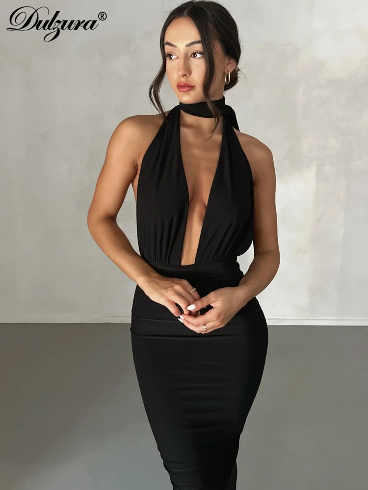 Dulzura – robe longue froncée, couleur unie, col en V, dos nu, sans manches, moulante, Sexy, tenue de soirée élégante, Streetwear, soirée d'anniversaire