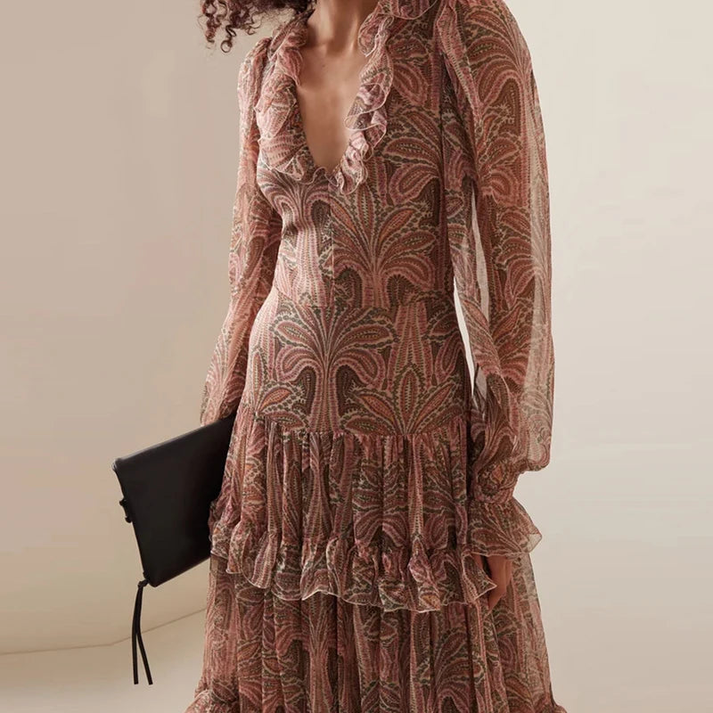 Robe longue plissée en maille imprimée pour femmes, tenue de soirée décontractée, style bohémien, élégante, col en v, à volants, taille haute, mode automne 2023