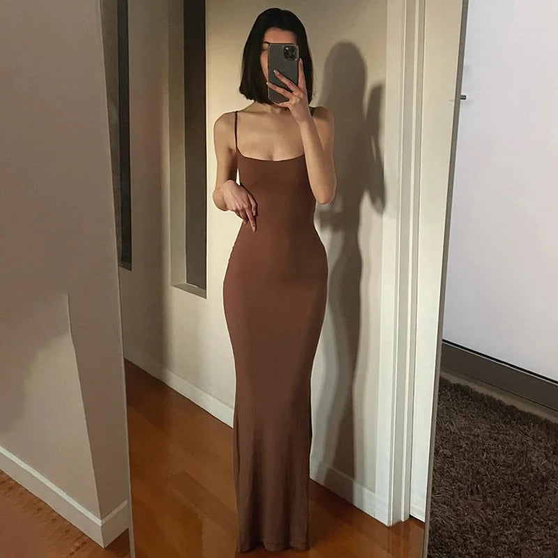 Y2k Women Sexy Bodycon Long Dress Solid Color Spaghetti Strap Low Cut Evening Party Dress Summer Beach Going Out Clothing