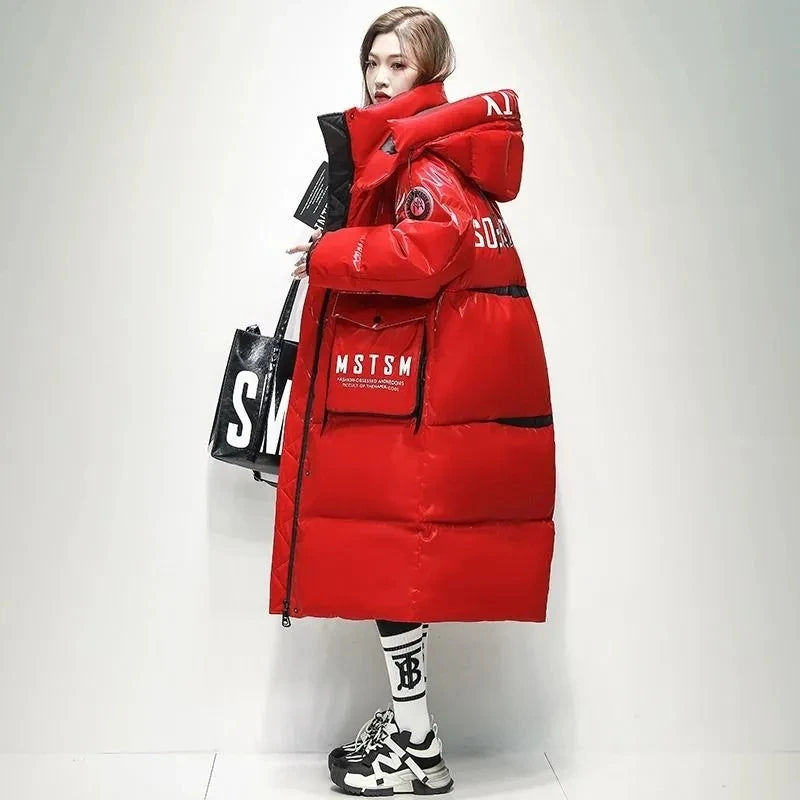 2023 hiver Femmes Brillant Imperméable Épais Vêtements Coupe Large Chaud Parka Neige Doudoune À Capuche X-long 90% Blanc Canard Vers Le Bas Manteau