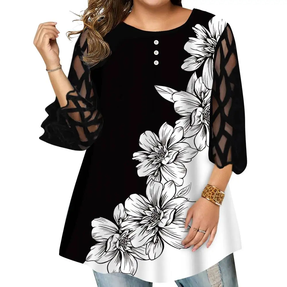 Women‘s Mesh 3/4 Sleeve Tunic Tops Ladies Casual Floral T-Shirt Blouse HIgh Quality Clothes Clothing For Female 2023 Plus Size