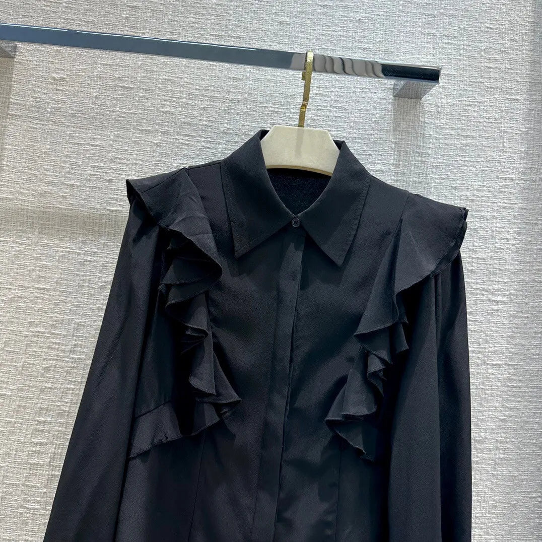 100% Silk Elegant Office Female Clothing Turn Down Collar Lantern Sleeve Black Shirt S-XL Fashion Ruffles Women Blouse