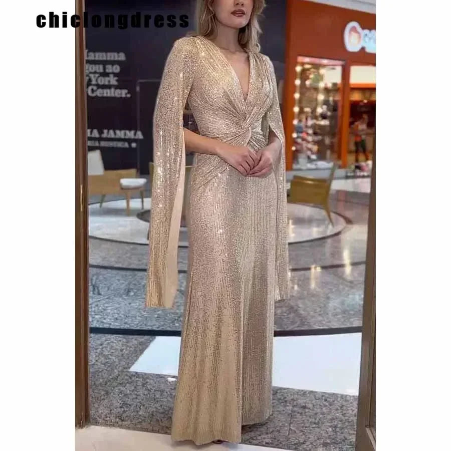 Robe de soirée à paillettes élégante, mode automne hiver, luxe, col en v, manches cape, Slim, robe de soirée en queue de poisson pour femmes