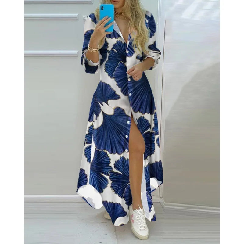 Femmes Boho imprimé chemises longues robe d'été col rabattu à manches longues robe de soirée femme décontracté soirée Maxi robes robes