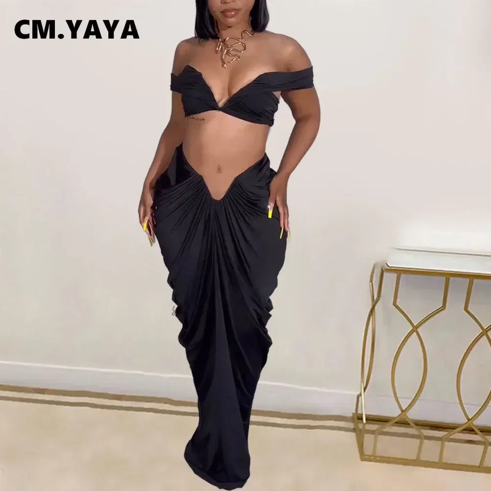 CM.YAYA-Conjunto de mujer fruncido apilado, Top corto con hombros descubiertos y faldas extra largas de cintura baja, conjuntos de dos piezas sexis para fiesta 2023