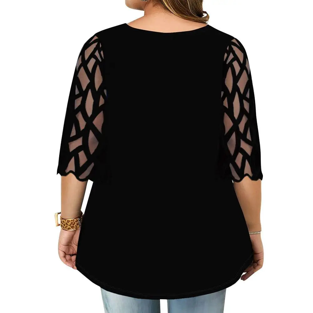 Femme Maille 3/4 Manches Tops Tuniques Dames Décontracté Floral T-Shirt Chemisier Haute Qualité Vêtements Vêtements Pour Femme 2023 Grande Taille