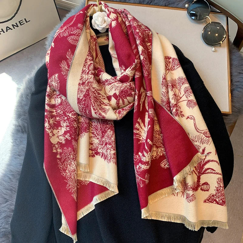 2023 Luxury Floral Print Scarf for Women Warmer Winter Cashmere Pashmina Scarves Shawls Female Thick Blanket Wraps Foulard