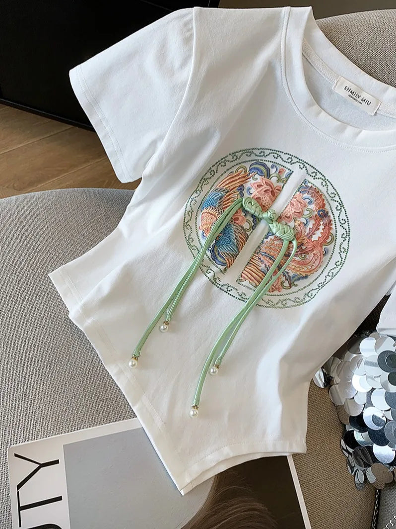 Summer Heavy embroidery Flower Thin Short Sleeve Women T-Shirt Chinese style O-Neck Elegant White Pullover Jumper Top clothing