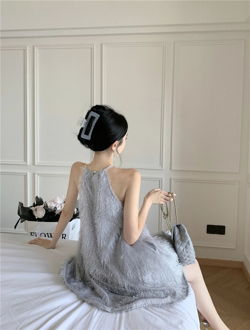 Elegant Women Halter Feather Bow Beaded Dress French Temperament Sleeveless Loose A-line Mini Dresses Fashion Party