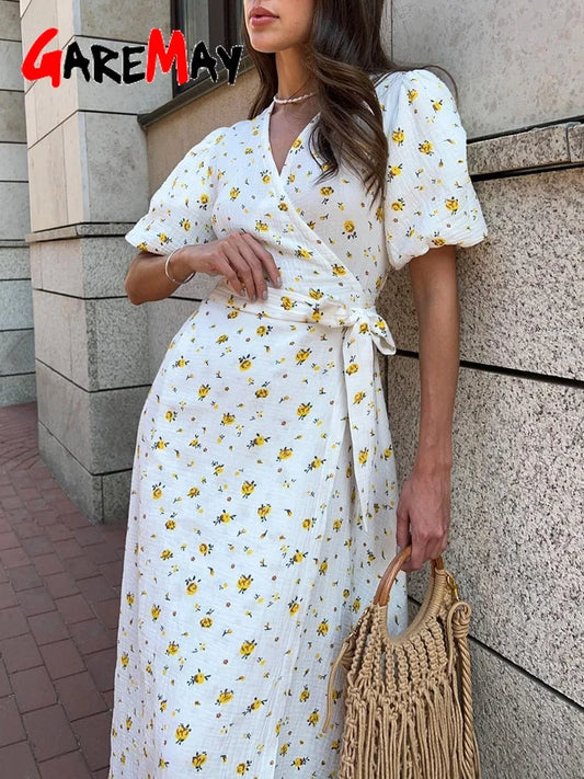 Vestidos informales de verano para mujer, vestido Midi 100% de algodón con estampado Floral, corte en A, con aberturas laterales, vestido blanco largo y elegante para mujer 2024