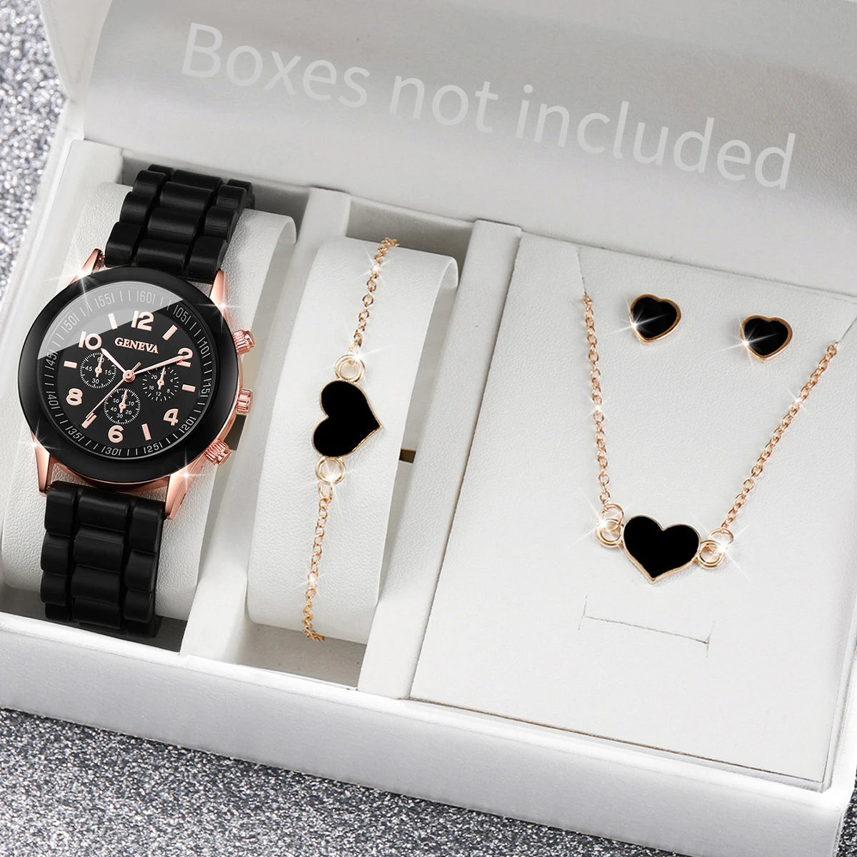 Juego de 4 unidades de reloj Geneva, banda de silicona a la moda, relojes para mujer, conjunto de joyas con forma de corazón (sin caja)