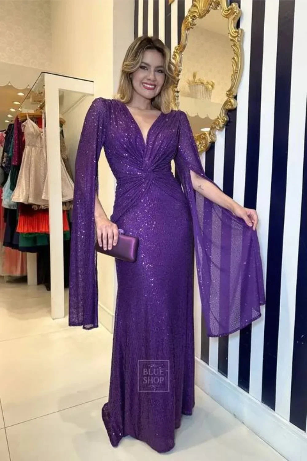 Robe de soirée à paillettes élégante, mode automne hiver, luxe, col en v, manches cape, Slim, robe de soirée en queue de poisson pour femmes