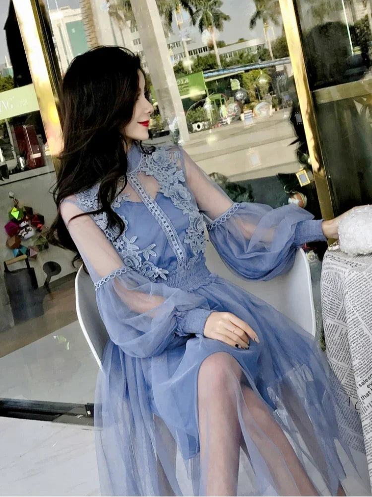 2023 New Women Party Lace Flower Dress Gauze Lantern Sleeve Voile Long Dress Female Retro Hook Princess Dress 2 Piece Set