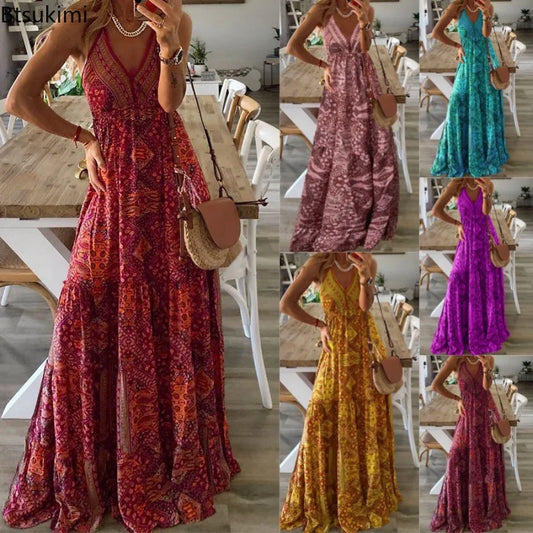 2024 Women's Summer Boho Long Dresses Elegant V Neck Party Dresses Vintage Printed Sleeveless Sexy Slim Maxi Beach Dress Mujer