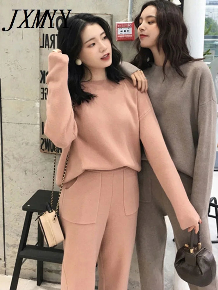 Women's suit Knitted 2 pieces Set Tracksuits Women Autumn Thick Warm O-neck Loose Sweater+Ankle-Length Pants Warm Cashmere Suit