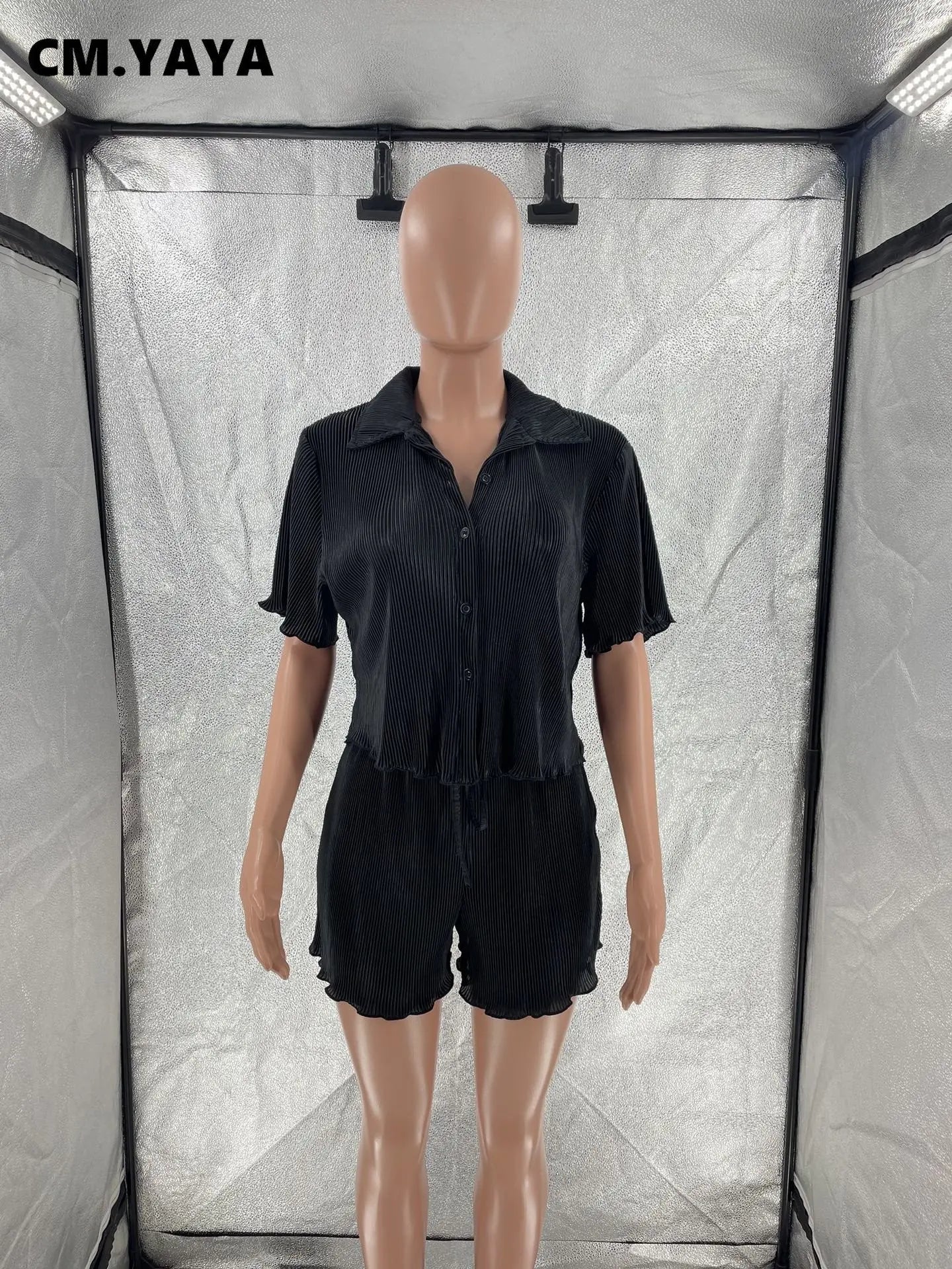 CM.YAYA Street Vintage Pleated Women's Set Short Sleeve Shirt Blouse and Shorts Suit 2023 INS Two 2 Piece Set Outfit Tracksuit