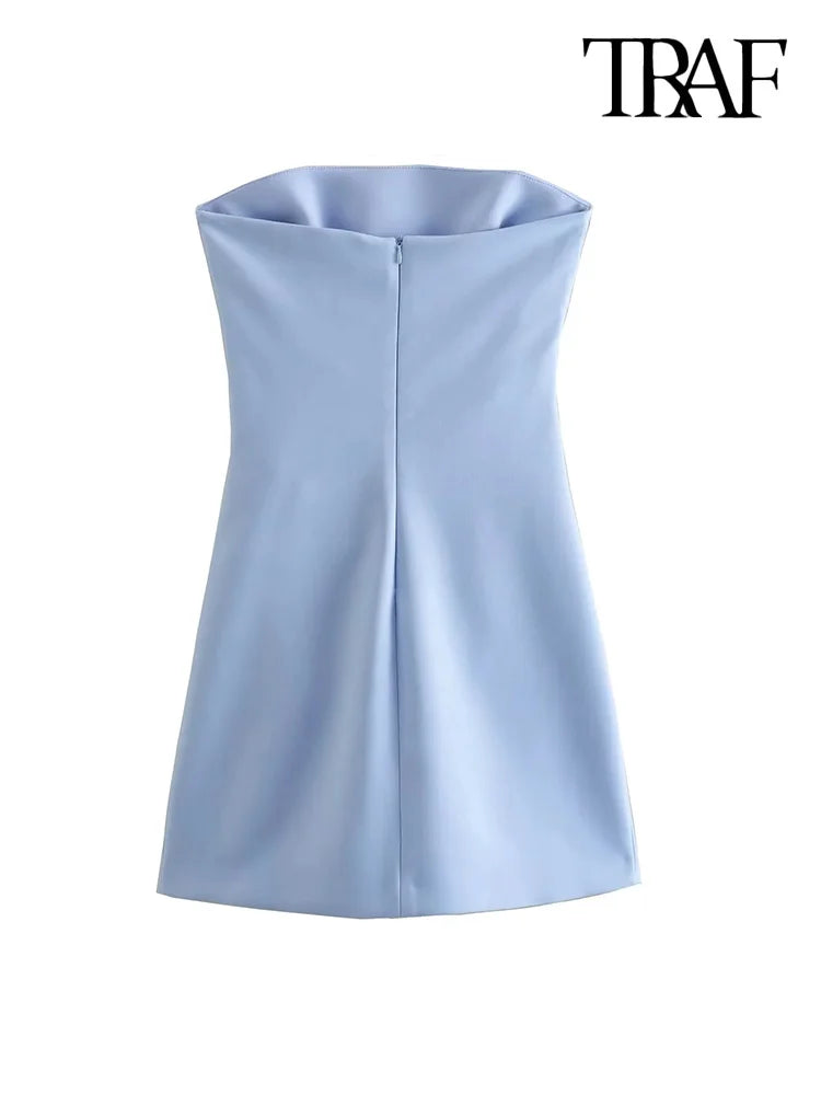 TRAF-Strapless Draped Mini Dress for Women, Straight Neck, Back Zipper, Female Dresses, Fashion