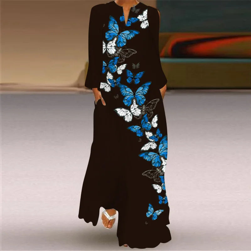 Women's Maxi Dress Printed Retro Fashion y2k vestidos Long Sleeve Loose Robe S-5XL