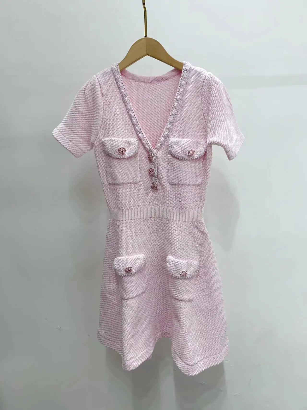 Women Knit Short Sleeve Pink Dress for Women Vintage V-neck Four Pocket Loose Dresses Diamonds Button Mini Vestidos