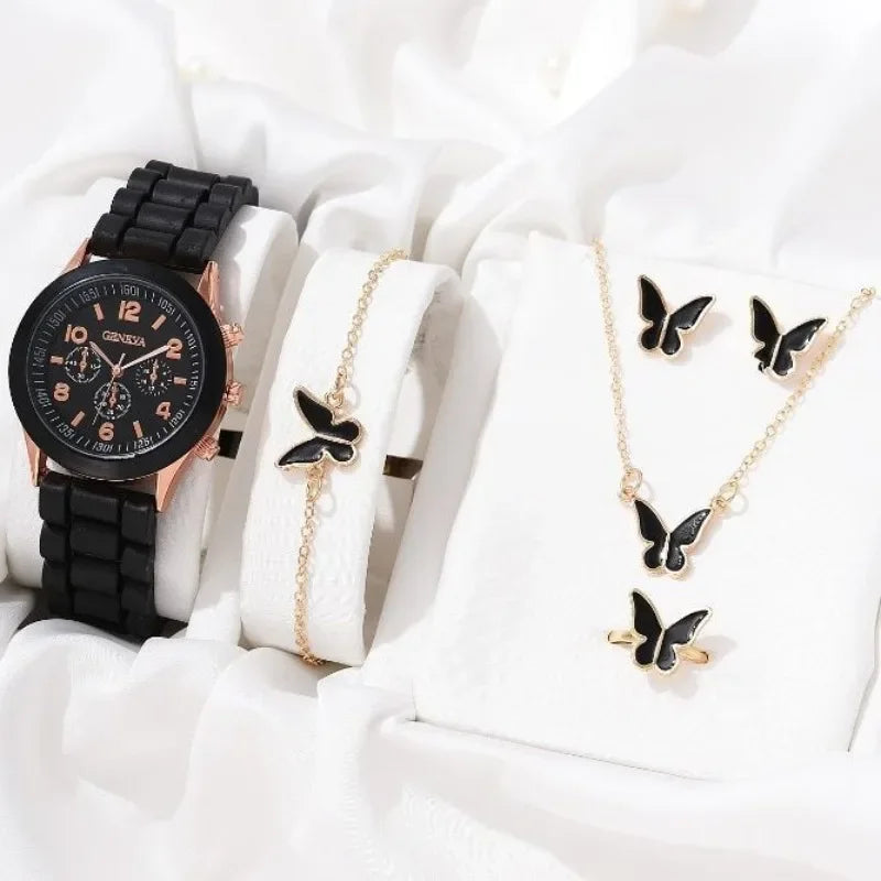 Conjunto de 5/2 Uds. De reloj de lujo para mujer, anillo, collar, pendientes, reloj de pulsera con diamantes de imitación, relojes informales para mujer, reloj de pulsera (sin caja)