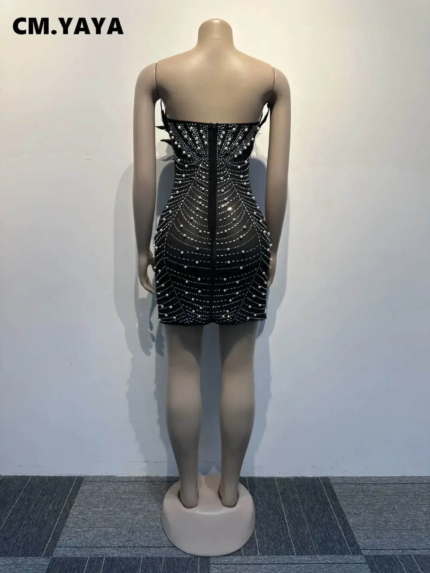 CM.YAYA-vestido Midi ajustado con escote en V para mujer, vestido Sexy de noche para fiesta, con diamantes de imitación, malla de plumas, sin tirantes, 2023