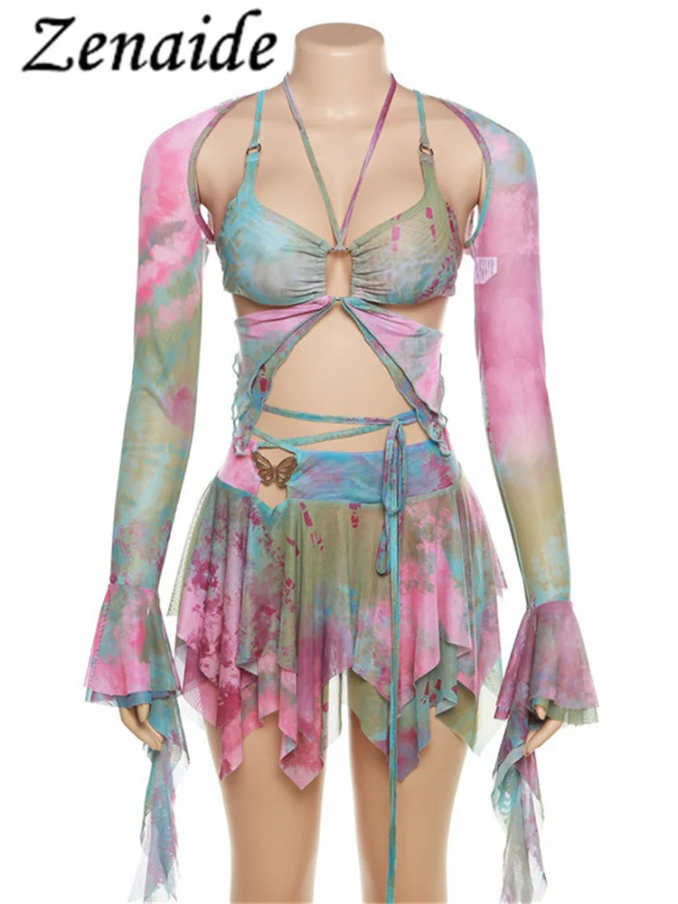 Zenaide Fall Mesh Butterfly Women 3 Piece Set Bandage Cami+Irregular Skirt+Fairy Festival Crop Top Tie Dye Rave Party Outfit Y2K