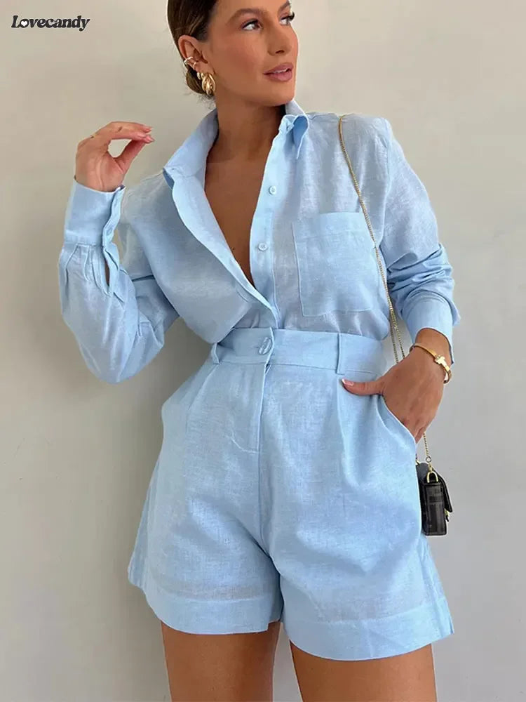 Elegant Button Pockets Short Pant Women's Sets Fashion Lapel Long Sleeves 2 Pieces Outfit 2024 Vacation New In Matching Sets