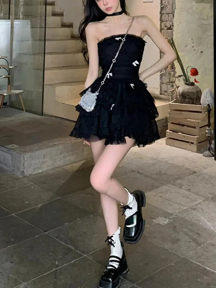 2024 Summer Even Party Black Dress Women Casual Corset Y2k Mini Dress Office Lady Sleeveless Bodycon Lace One Piece Dress Korean